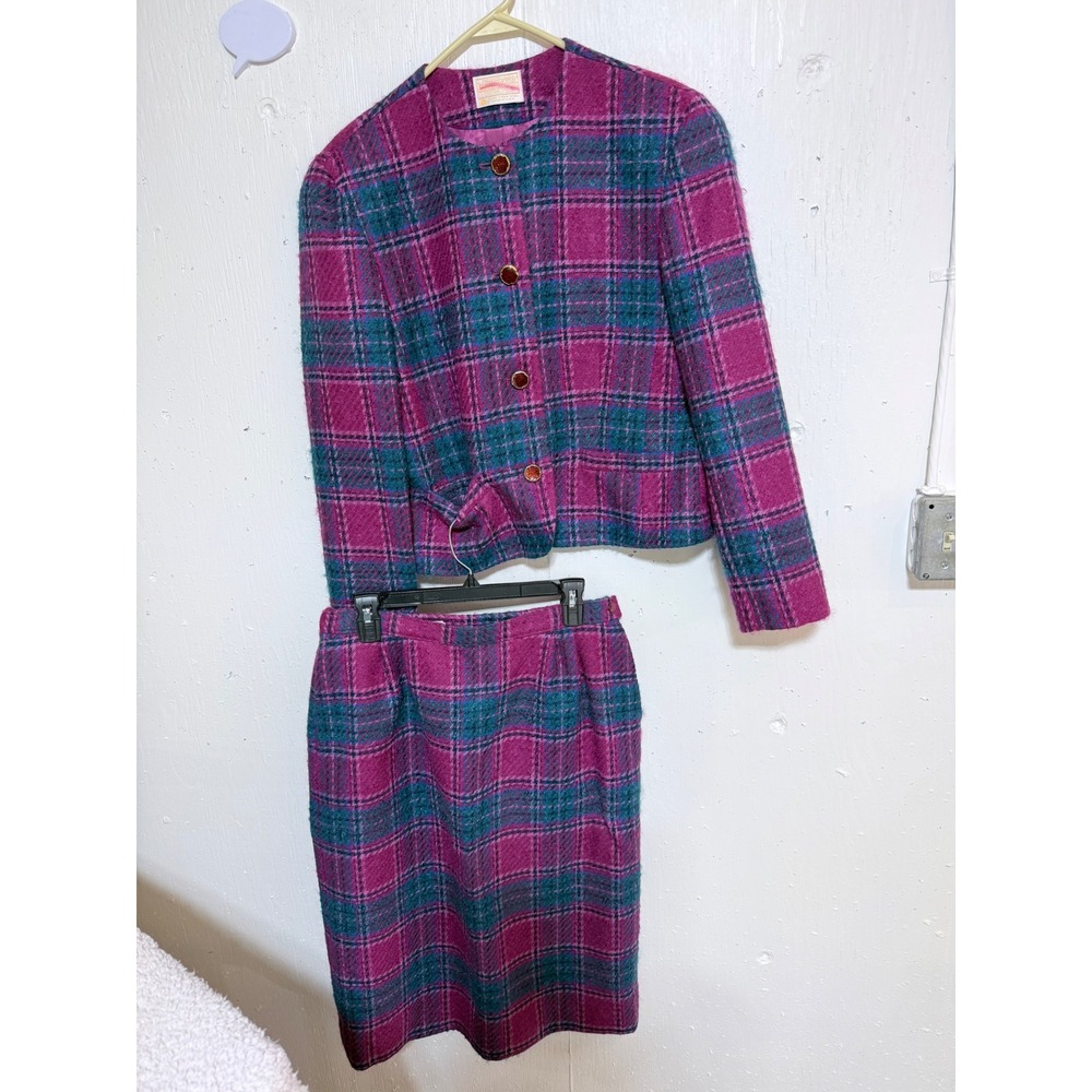 Vintage Pendleton 100 Virgin Wool Skirt Suit Magenta Teal Jacket Set USA Made